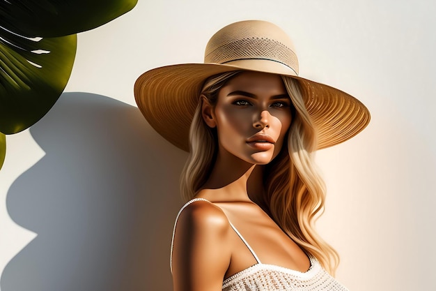 Frauen-Strohhut hängt an einer weißen Hintergrundwand mit Schatten Sommer-Strandmode-Konzept Kopierraum
