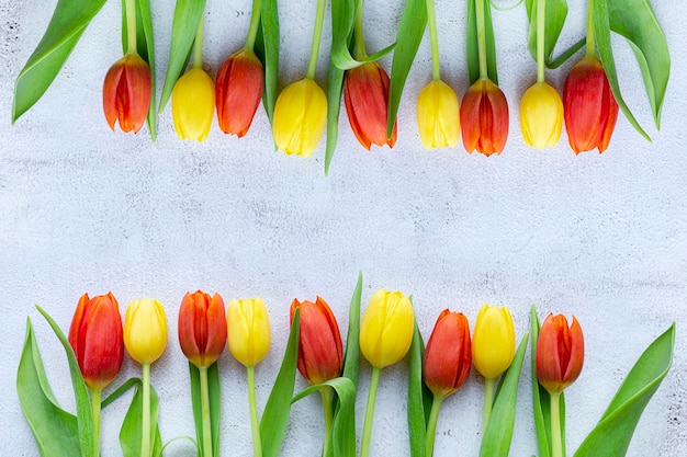 Frauen-Tagesgrußkarte, Tulpenblumen, Draufsicht, Kopienraum