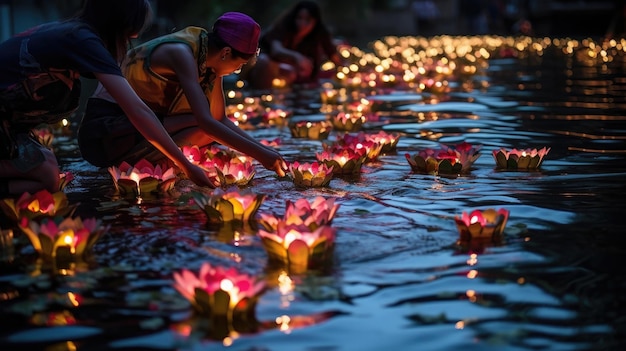 Foto frauen treiben mit schwimmenden kerzen auf einem see.