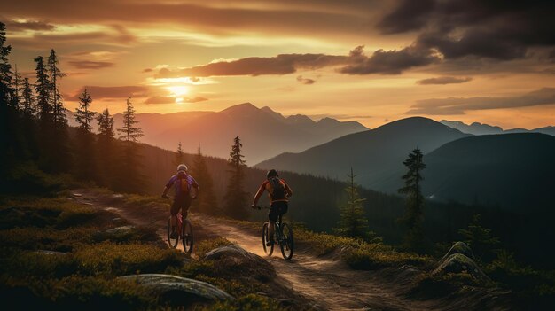 Frauen und Männer, die bei Sonnenuntergang auf Fahrrädern in den Bergen und Wäldern Mountainbike fahren, kopieren Platz für Text