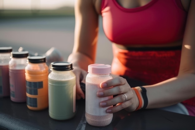 Frauen- und Proteinsportergänzungsgetränk in der Flasche generatives ai