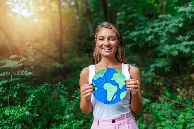 Frauenaktivistin, die ein Plakat des Planeten Erde im Umweltverschmutzungskonzept des Waldes hält