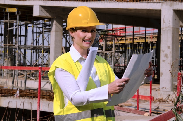 Frauenbauingenieur in der baustelle, die architekturpläne steuert