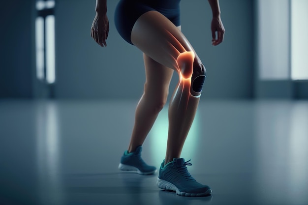 Frauenbein- und Knieschmerzen nach dem Training im Fitnessstudio Behandlung von Gelenken und Beinverletzungen AI Generation