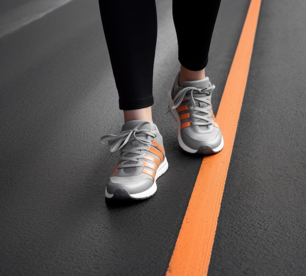 Frauenbeine in Jogginghosen, weißen Socken und weißen Turnschuhen mit grünen Elementen vor dem Hintergrund der Strecke mit Markierungen im Stadion