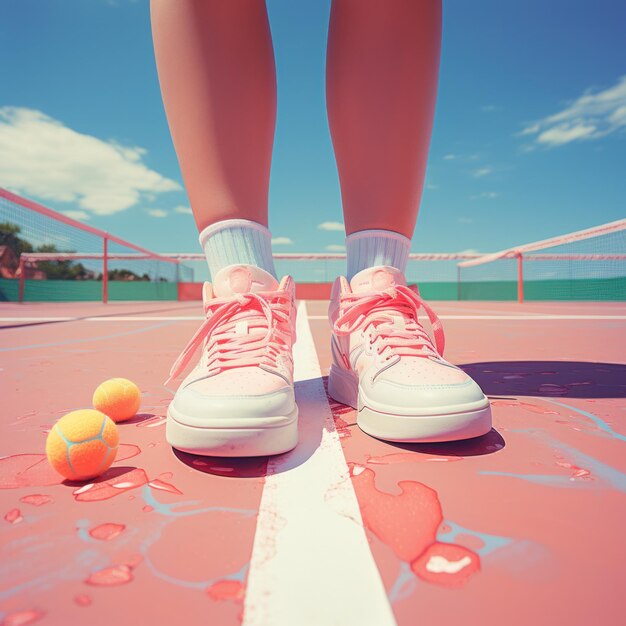 Foto frauenbeine in turnschuhen auf einem tennisplatz