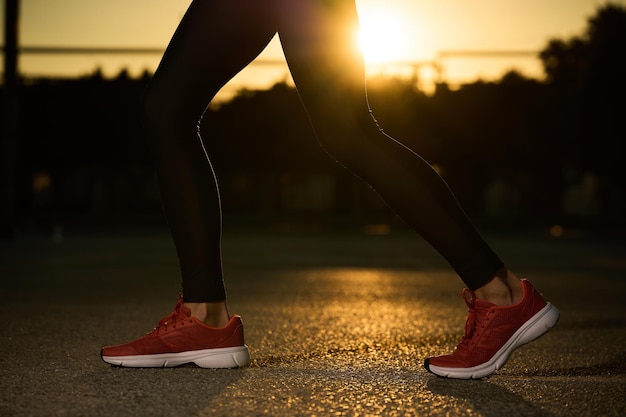Frauenbeine und -füße laufen in Turnschuhen auf Asphalt bei Sonnenuntergangssonne