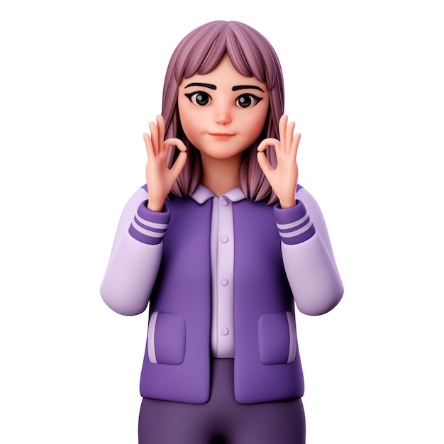Frauenfigur mit lila Kleidung, die eine Ok-Geste zeigt, indem sie eine 3D-Renderillustration mit beiden Händen verwendet