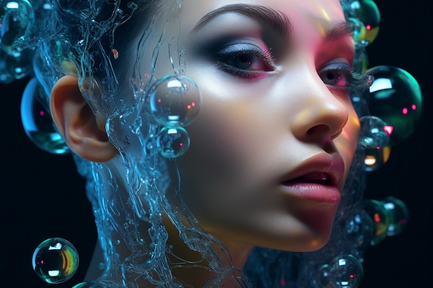 Frauenfische schwimmen um bunte flüssige Wasserblasen filmische Beleuchtung generative KI-Illustration Meerjungfrau Unterwasserlebewesen