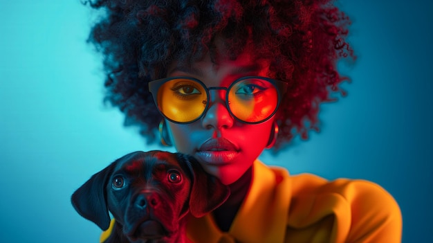 Frauenfotografie mit einem schwarzen Hund für Modefotografie auf blauem Hintergrund lebendiger Kolorismus