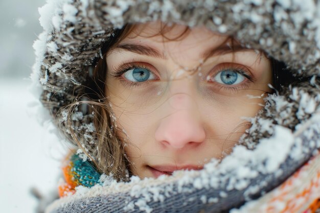 Foto frauengesicht im freien an einem frostigen, kalten, schneebedeckten wintertag