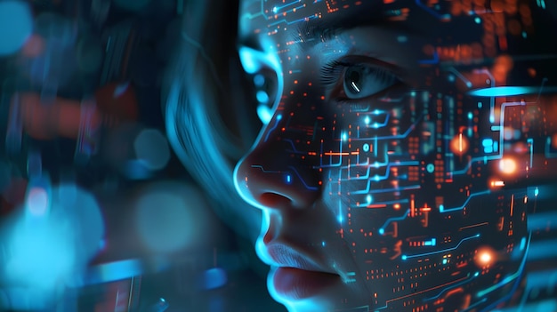 Frauengesicht mit Matrix, digitale Zahlen, künstliche Intelligenz, ein Thema mit menschlichem Gesicht.