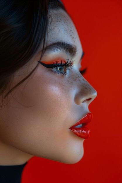 Frauengesicht mit Sommersprossen, leuchtend roter Eyeliner für die Augen mit schwarzen Pfeilen und passendem Lippenstift