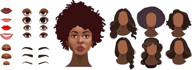 Frauengesichtskonstrukteur-Avatar der Schaffung einer afroamerikanischen weiblichen Figur mit dunklen Hautköpfen