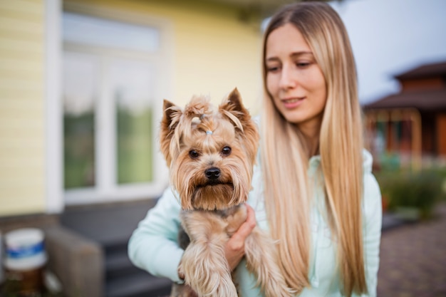 Frauenhändchenhalten-Yorkshire-Terrierhund im Freien