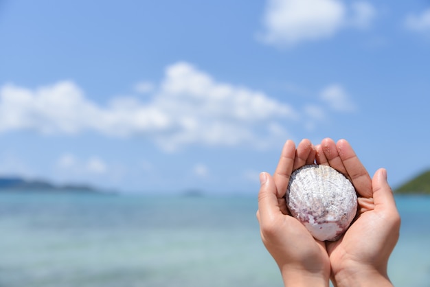 Frauenhände, die ein Oberteil auf dem Strand mit unscharfem Hintergrund des Meeres und des blauen Himmels halten. Sommertagskonzept