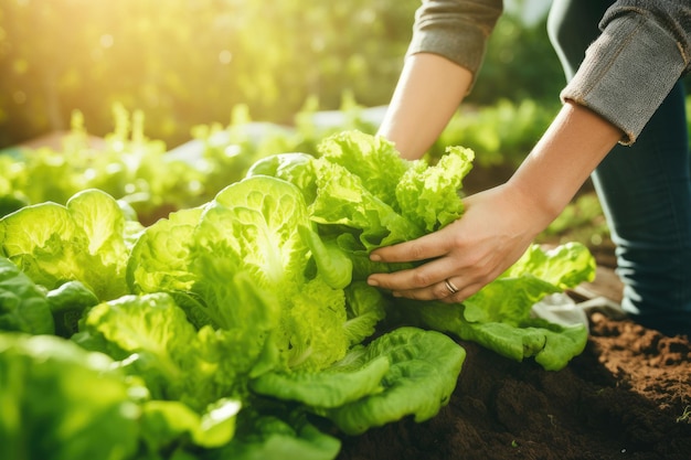 Frauenhände, die grünen Kopfsalat im Gemüsegarten auswählen