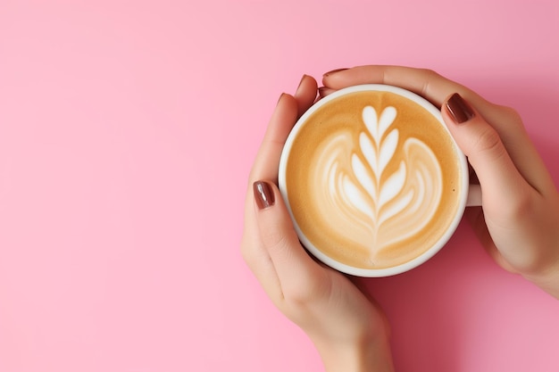 Frauenhände halten eine Tasse Kaffee mit Latte Art auf rosa Hintergrund mit Kopierraum