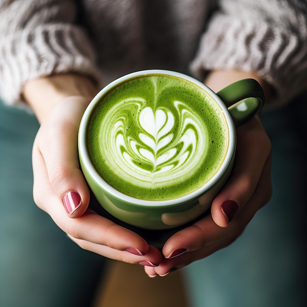 Frauenhände halten eine Tasse mit Matcha-Latte Top-View-Foto von Matcha-Latte-Kunst grüner Cappuccino