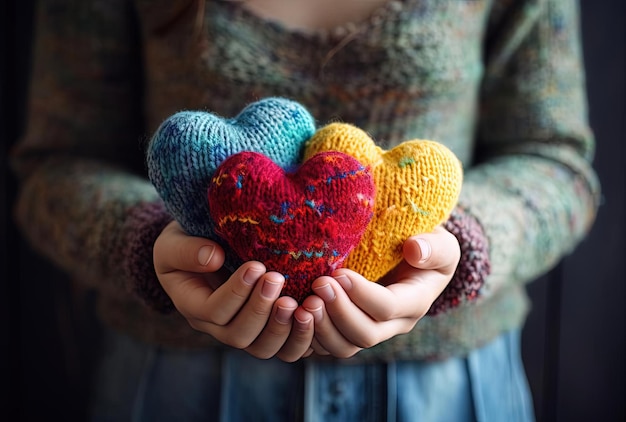 Foto frauenhände halten gestrickte herzförmige spielzeuge auf einem holztisch im stil des impressionisten