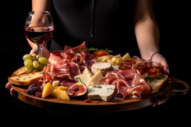 Frauenhände halten Wein und Wurstbrett auf schwarzem Hintergrund, italienische Antipasti oder Spanisch