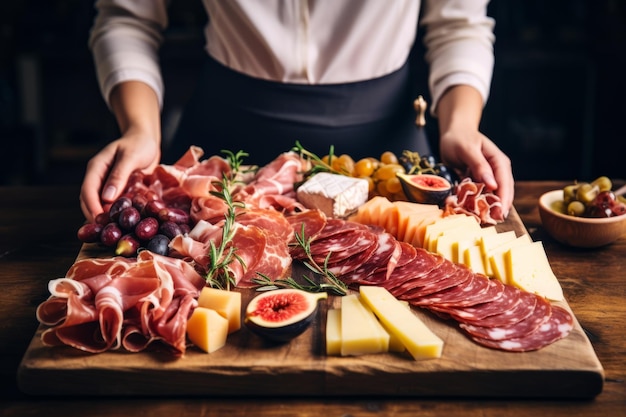 Frauenhände halten Wein und Wurstbrett auf schwarzem Hintergrund, italienische Antipasti oder Spanisch