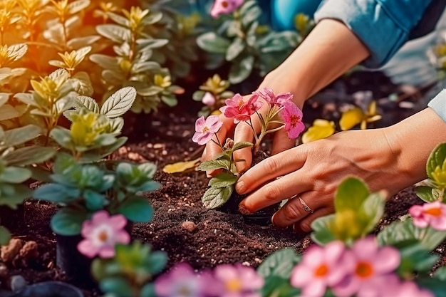 Frauenhände in Handschuhen pflanzen Blumen