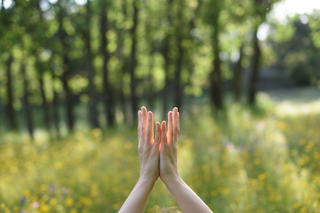 Frauenhände in Verbindung mit der Natur, die Yoga im Freien tut