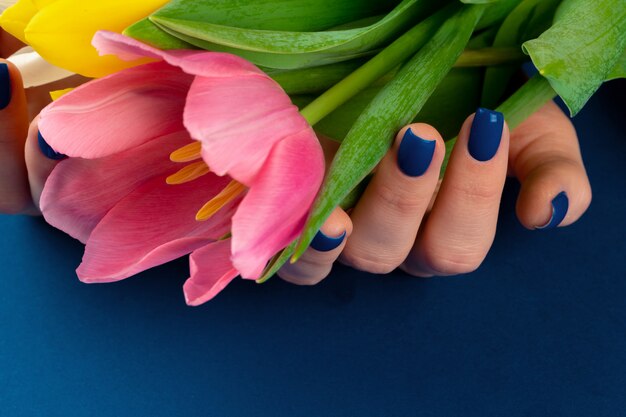 Frauenhände mit Maniküre, die bunte Tulpen auf blauem Hintergrund hält