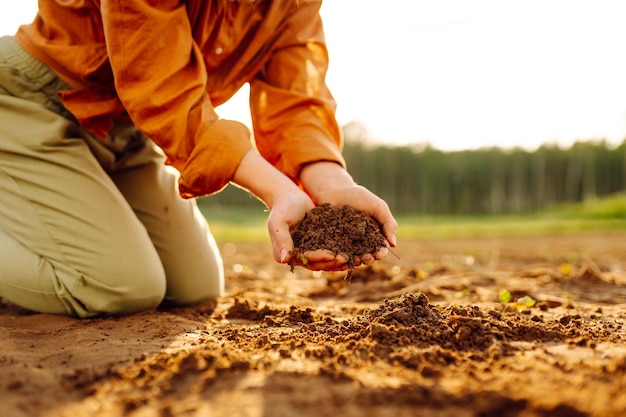 Frauenhände sortieren den schwarzen Boden auf dem Feld Eine Landwirtin überprüft die Qualität des Bodens Ökologie