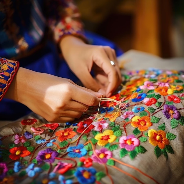 Frauenhände stricken eine Decke im Ethno-Stil, handgefertigt, traditionelles Stricken