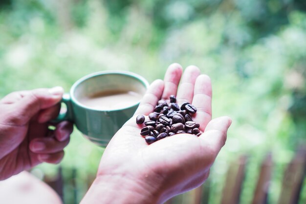 Frauenhand, die Kaffeebohnen und eine Tasse Kaffee hält