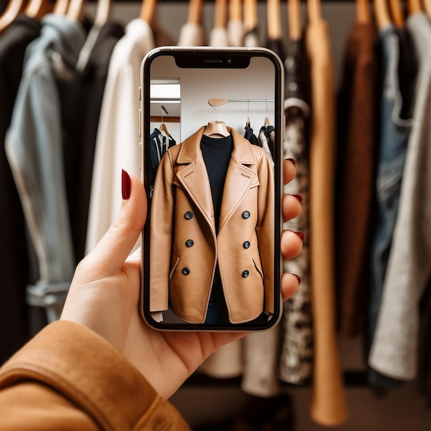 Frauenhand fotografiert Jacke mit Telefon-KI