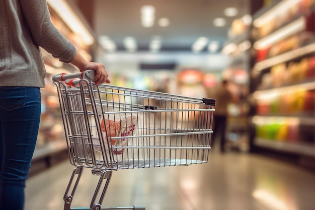 Frauenhand halten Einkaufswagen mit unscharfem Hintergrund der frischen Produktregale des Supermarkts