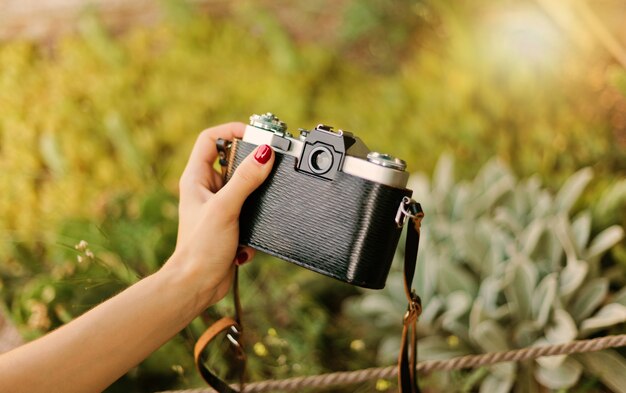 Frauenhand mit Retro-Kamera fotografiert exotische Pflanze in einem Garten im Freien