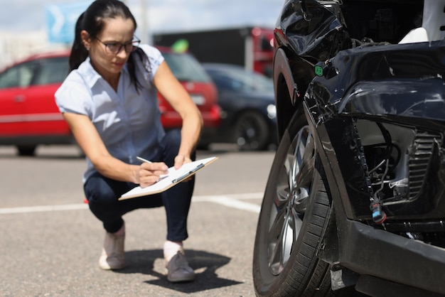 Fraueninspektor, der in Dokumenten in der Zwischenablage in der Nähe des kaputten Autoversicherungskonzepts schreibt