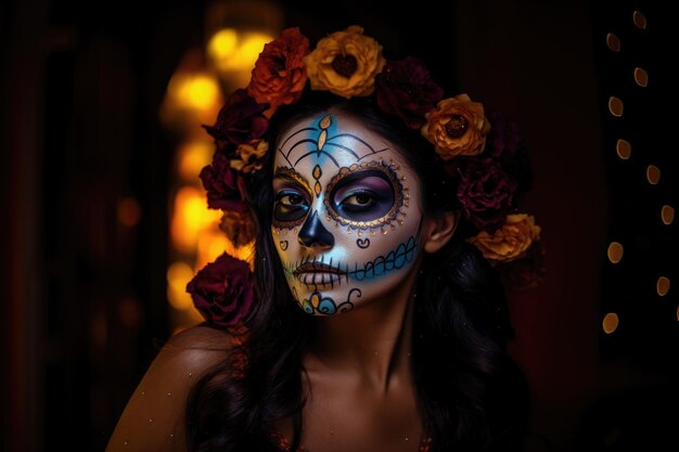 Frauenmode mit Zuckerschädel schminkt den Tag der Toten, Dia de los Muertos