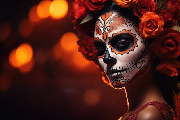 Frauenmode mit Zuckerschädel schminkt den Tag der Toten, Dia de los Muertos