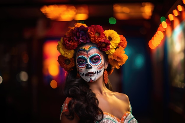 Frauenmode mit Zuckerschädel schminkt den Tag der Toten, Dia de los Muertos