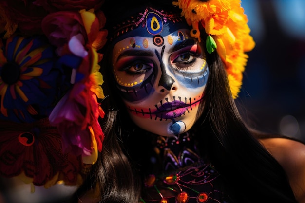 Frauenmode mit Zuckerschädel schminkt den Tag der Toten, Dia de los Muertos