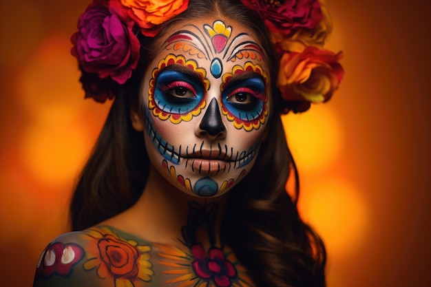 Frauenmode mit Zuckerschädel schminkt den Tag der Toten, Dia de los Muertos