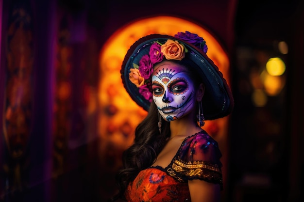 Frauenmode mit Zuckerschädel schminkt den Tag der Toten, Dia de los Muertos