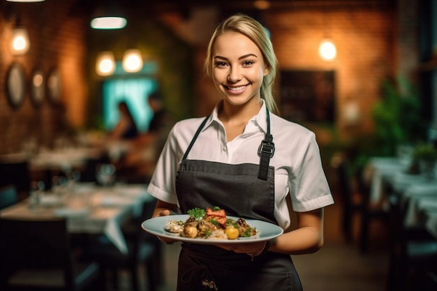 Frauenporträt, halber Job, stehend, Lächeln, Essen im Innenbereich, Kellner, Restaurant, generative KI