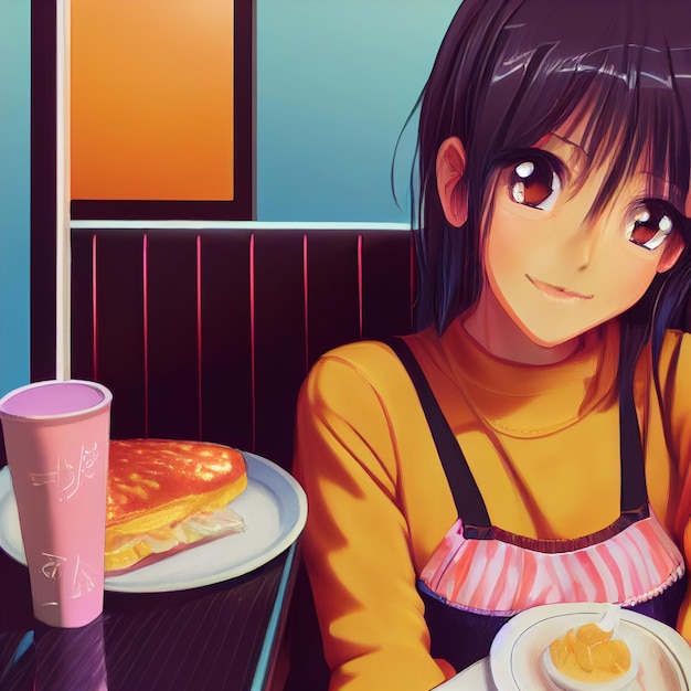 Frauenporträt im Restaurant-Anime- oder Manga-Stil