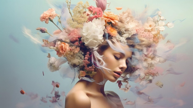 Frauenporträt mit Blumen im Kopf. Kreativer Hintergrund mit stilvoller Frau. Modeporträt im Sommerstil