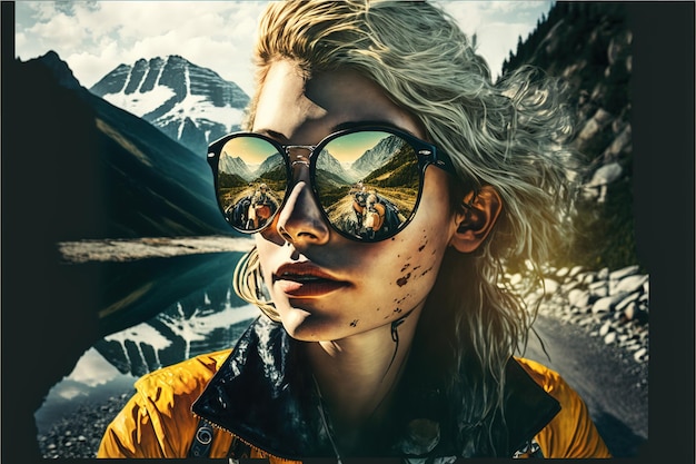 Frauenporträt mit Sonnenbrille mit wundersamer Reflexion von Himmel und Berg