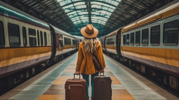 Frauenreisender Tourist, der mit Gepäck am Bahnhof aktiv und Reiselebensstilkonzept geht