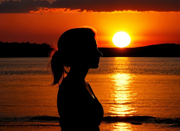 Frauensilhouette beobachtet die Sonne bei Sonnenuntergang