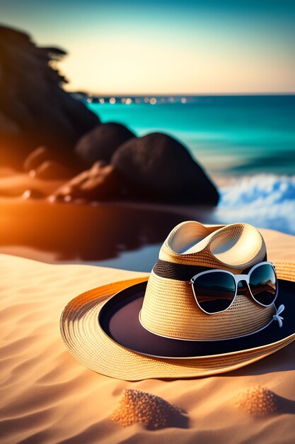 Foto frauenstrohhut mit schleife und sonnenbrille vor dem hintergrund eines kiesstrandes