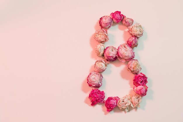 Frauentag Gruß 8 geformte Blumen Zusammensetzung Getrocknete Rosen auf rosa Hintergrund